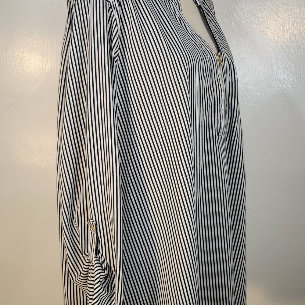 Always Indigo Blue White Strip Tunic Womens Size 3X 1/4 Zip Adjustable Sleeves